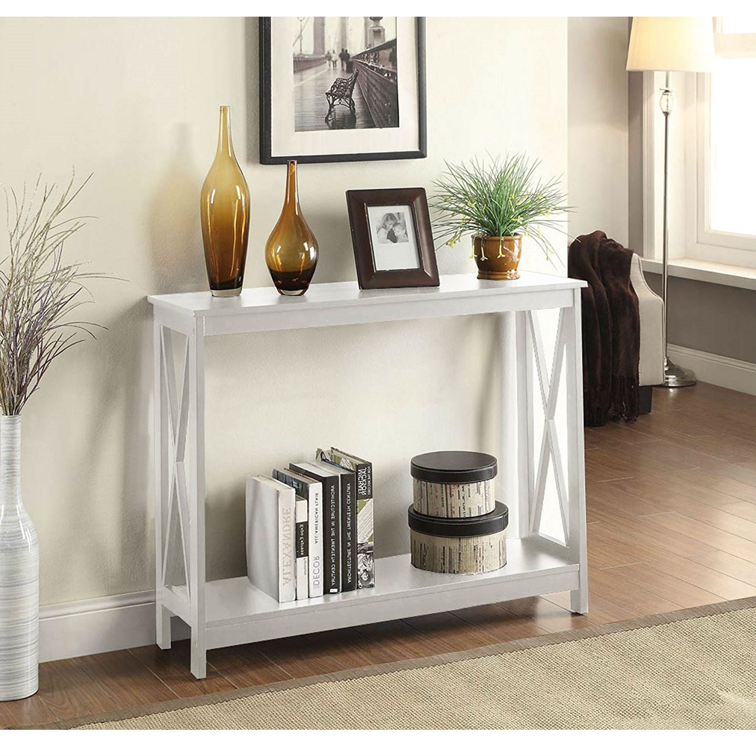 White Wood Console Sofa Table with Bottom Storage Shelf-2