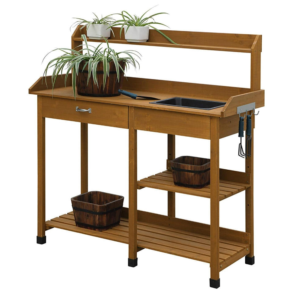 Modern Garden Potting Bench Table with Sink Storage Shelves & Drawer-0