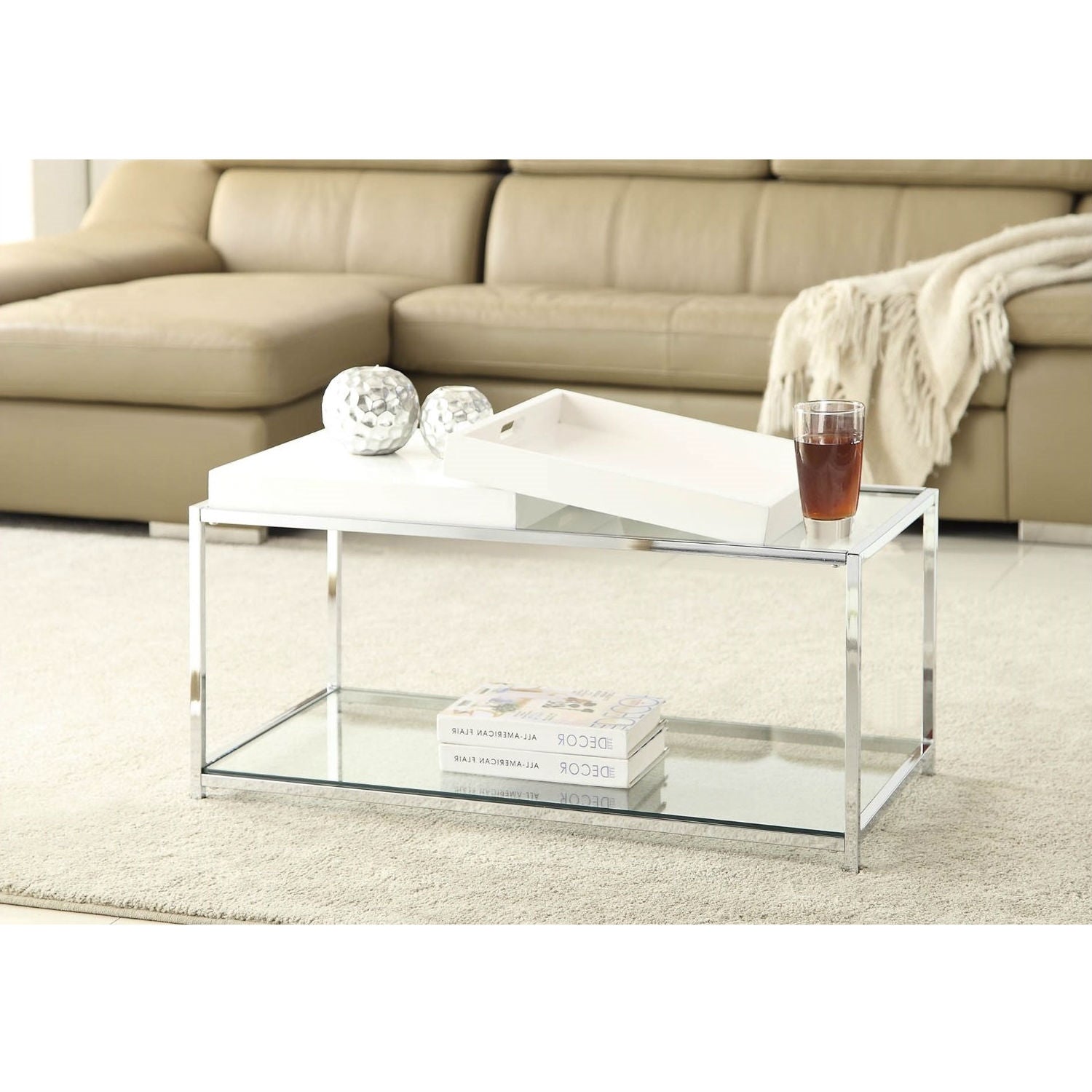 Modern Chrome Metal Coffee Table with 2 White Removable Trays-1