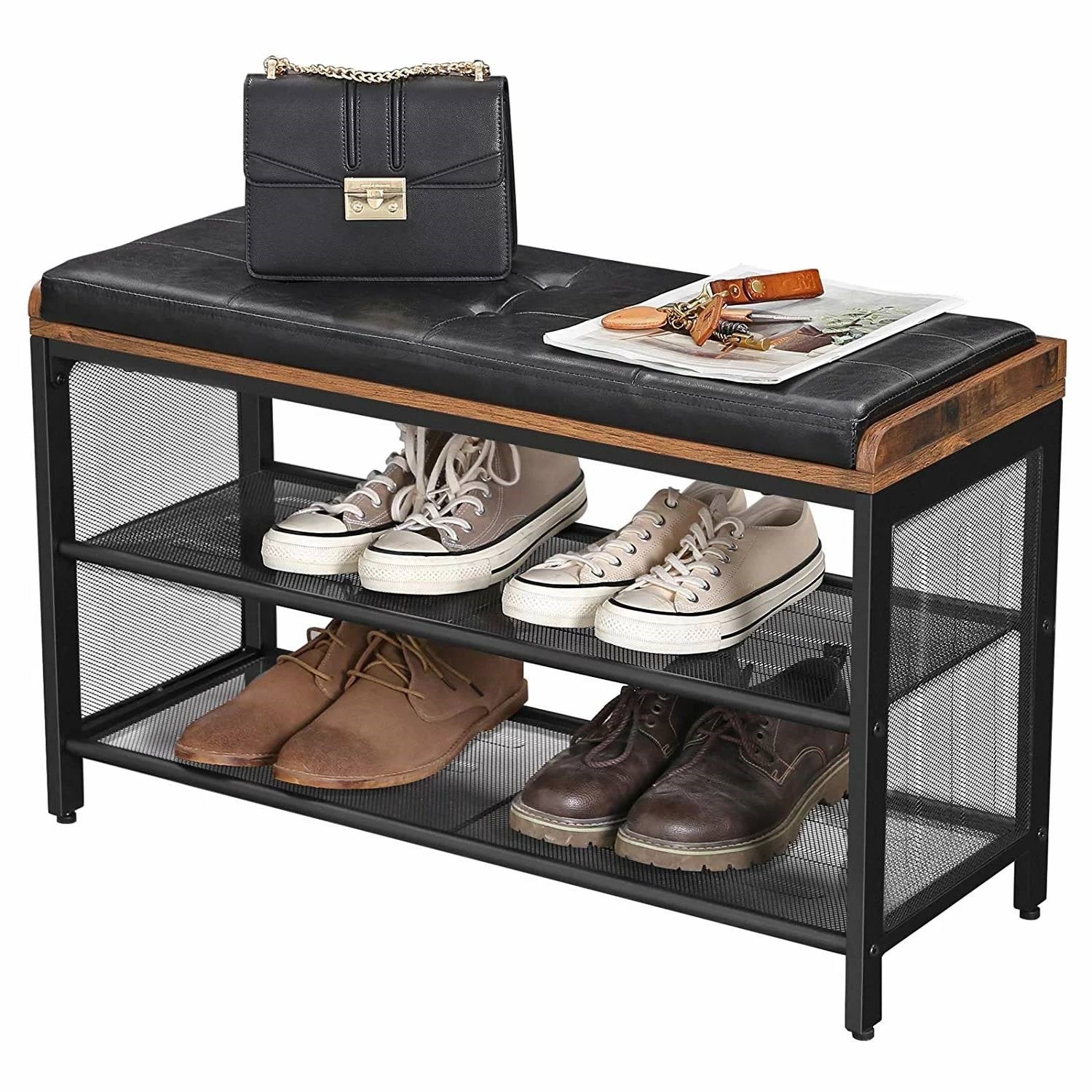 Black Metal Entryway Shoe Rack Storage Bench with Padded Seat Cushion-0