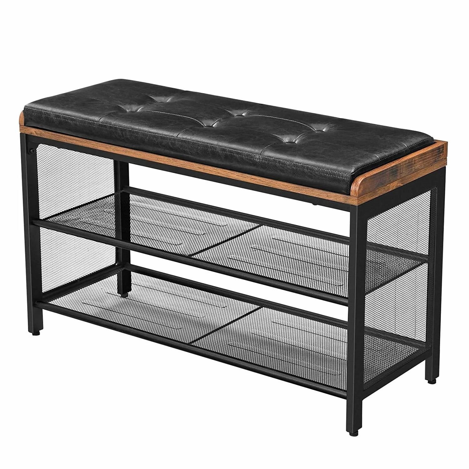 Black Metal Entryway Shoe Rack Storage Bench with Padded Seat Cushion-1