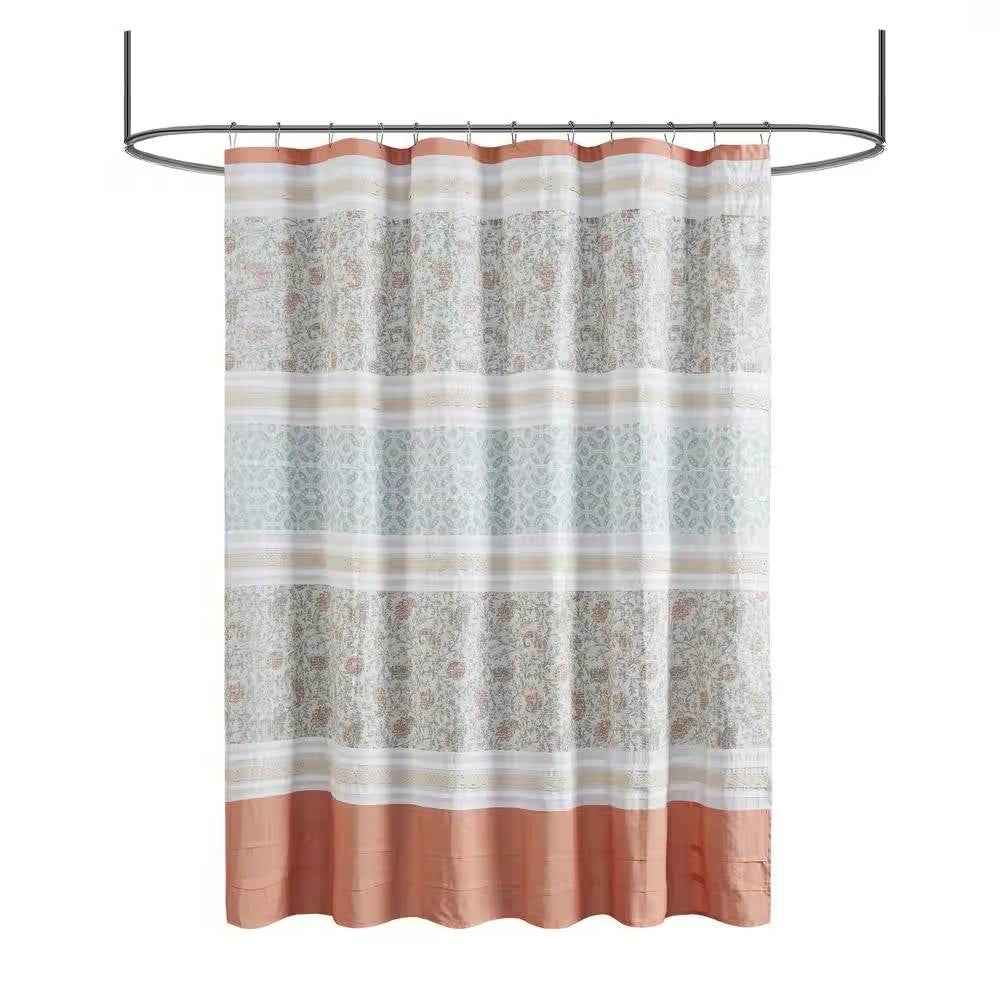 72 x 72-inch Cotton Shower Curtain with Coral Orange Blue White Paisley Pattern-4