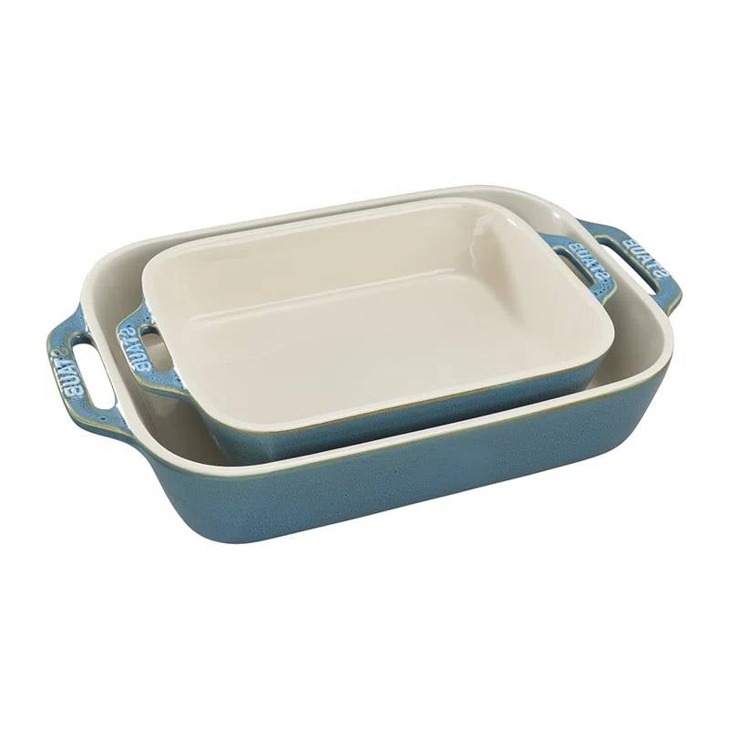 Set of 2 - Ceramic Stoneware Baking Dish Set in Blue Green Turquoise Ivory-3