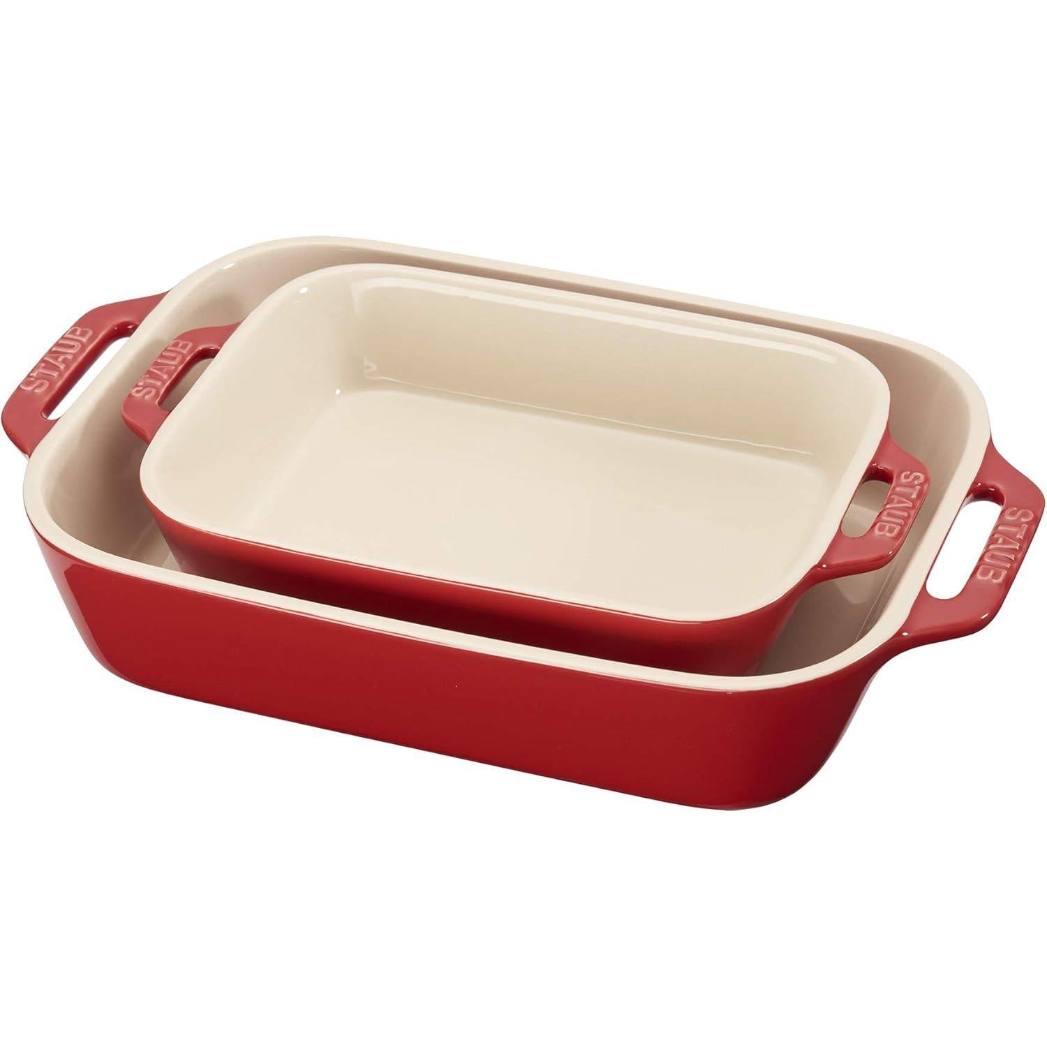 2 Piece Ceramic Stoneware Baking Dish Set in Cherry Red / Ivory-0
