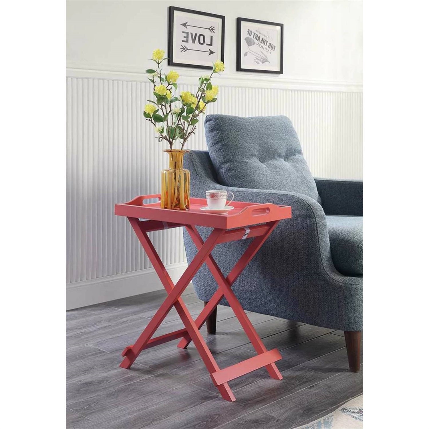 Folding TV Tray Bedside Table in Coral Red Pink Orange Wood Finish-2