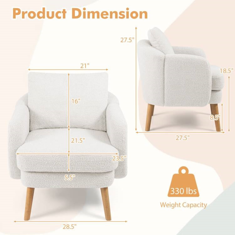 Modern White Sherpa Upholstered Accent Chair with Wooden Legs-3