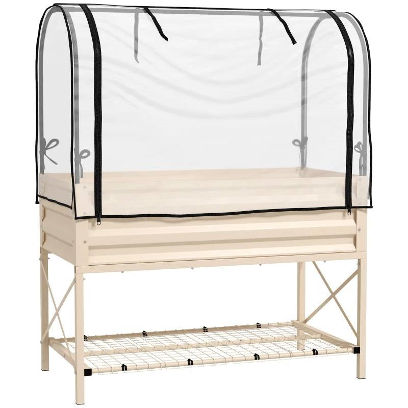 Cream Elevated Metal Raised Garden Bed w/ Greenhouse Cover-0