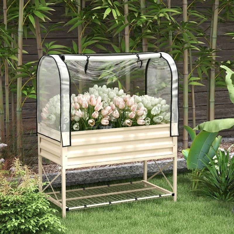 Cream Elevated Metal Raised Garden Bed w/ Greenhouse Cover-1