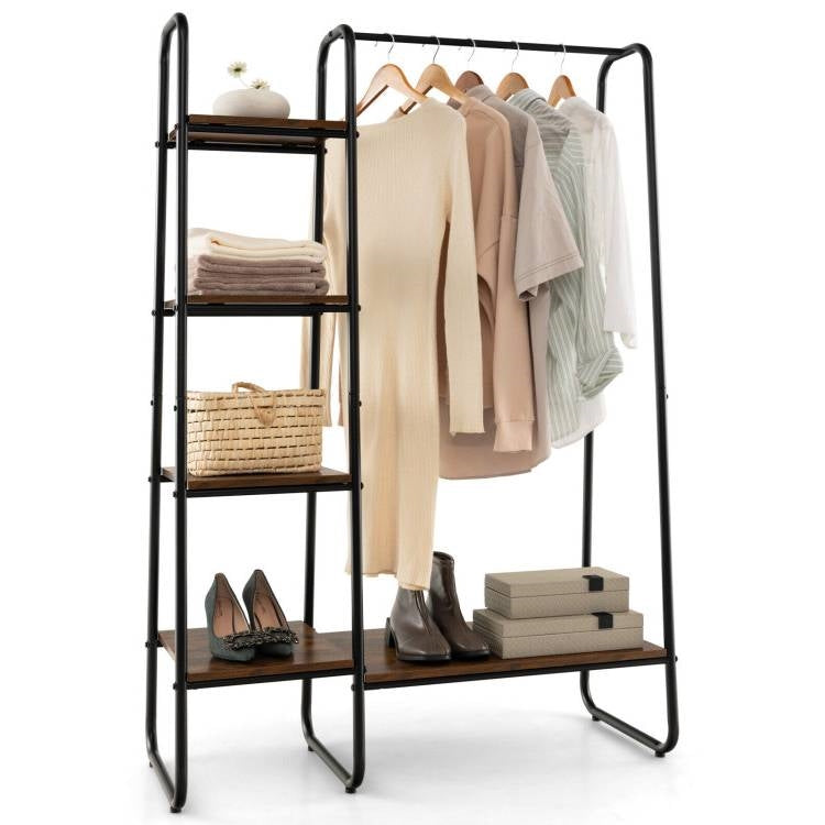 Industrial Wood Metal Garment Rack Clothes Hanging Bar with Storage Shelves-0