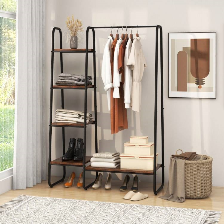 Industrial Wood Metal Garment Rack Clothes Hanging Bar with Storage Shelves-2