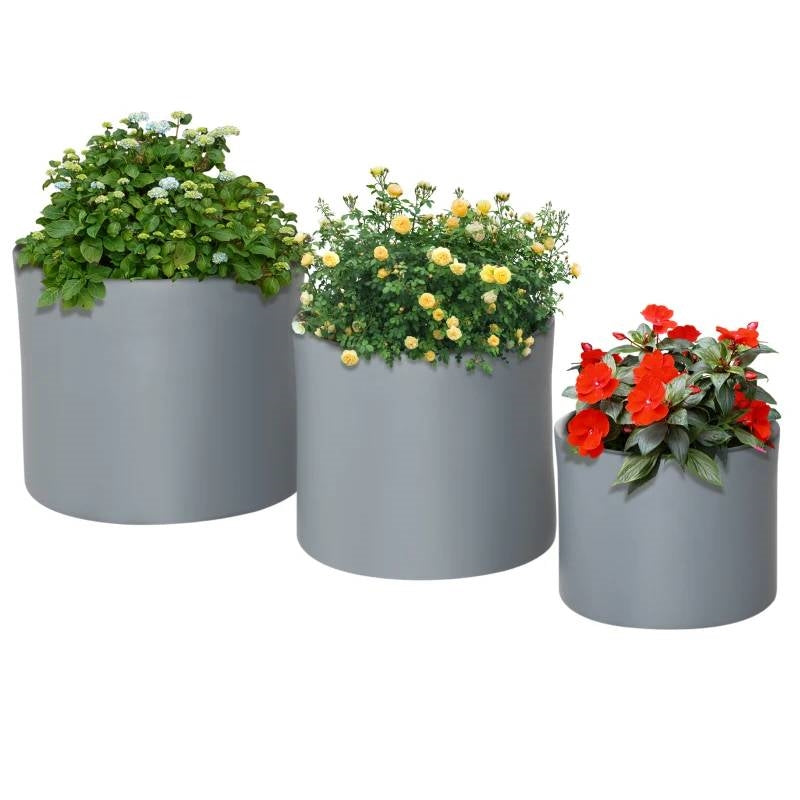 Set of 3 Stackable Round Outdoor Flower Pot Planters with Drainage Holes in Grey-0