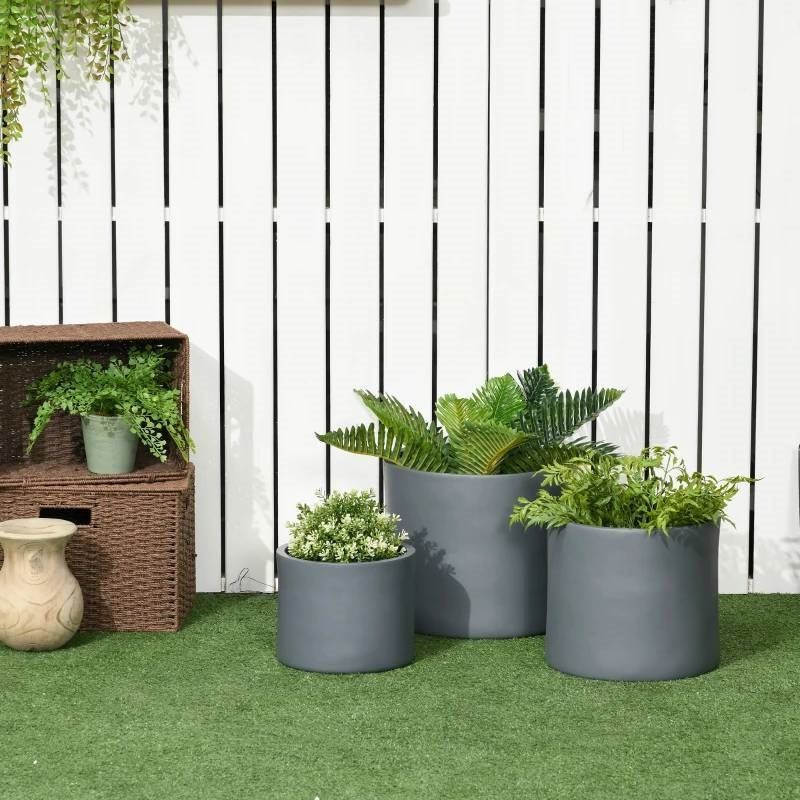 Set of 3 Stackable Round Outdoor Flower Pot Planters with Drainage Holes in Grey-2