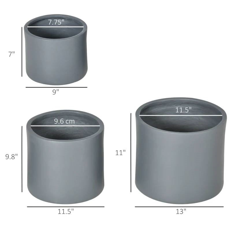 Set of 3 Stackable Round Outdoor Flower Pot Planters with Drainage Holes in Grey-4