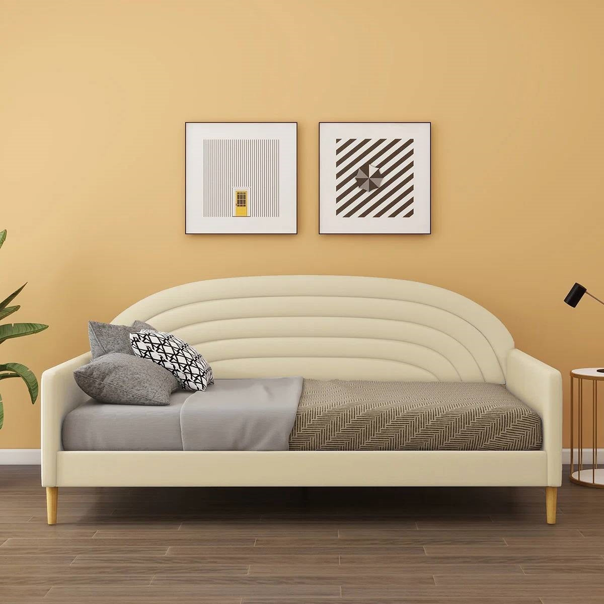 Twin size Mid-Century Modern Off-White Cream Velvet Upholstered Daybed-0