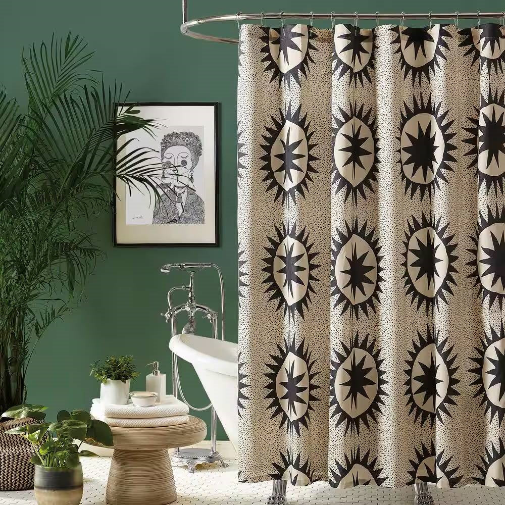 72 x 72 in. Cotton Poly Shower Curtain w/ Cream Brown Sun Star Medallion Pattern-0