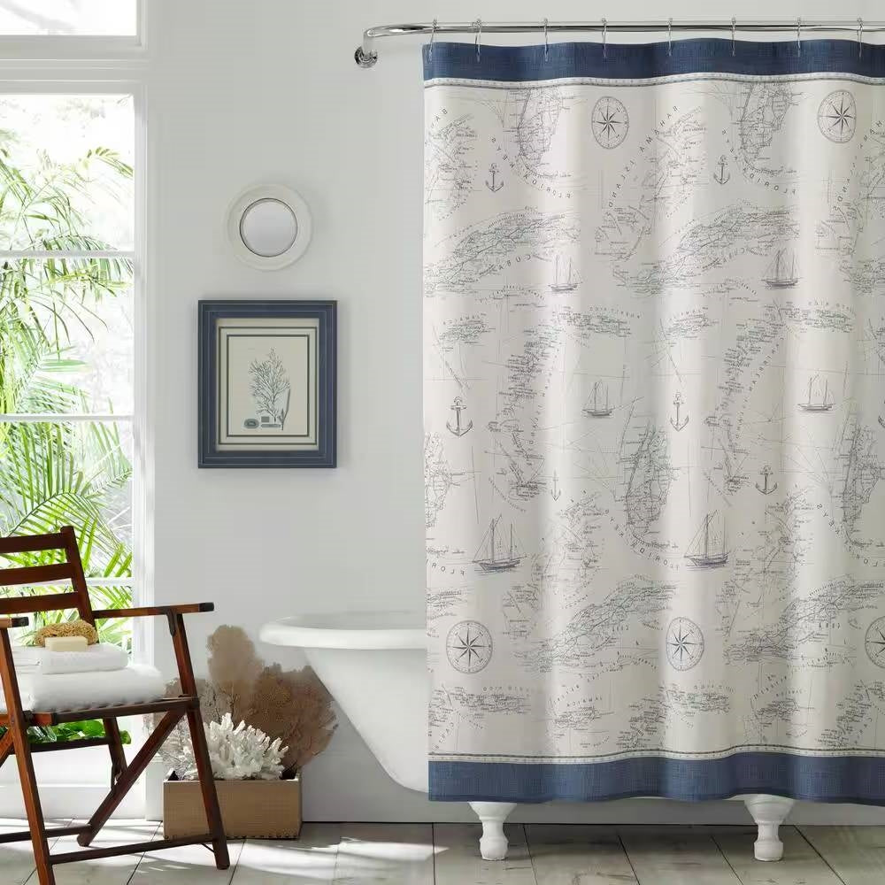 72-inch Cotton Shower Curtain with Florida Keys Ship Map Pattern-0