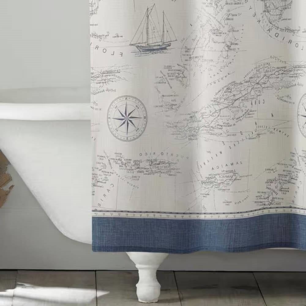 72-inch Cotton Shower Curtain with Florida Keys Ship Map Pattern-2