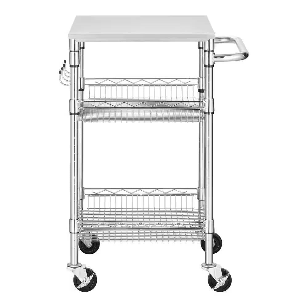 Compact Kitchen Cart with Stainless Steel Top and 2 Bottom Storage Shelves-1