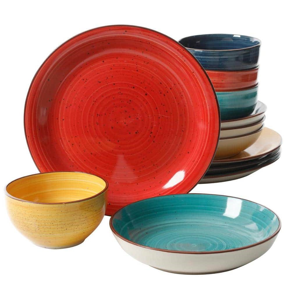 12-Piece Stoneware Dinnerware Set in Red Blue Green Yellow - Service for 4-0