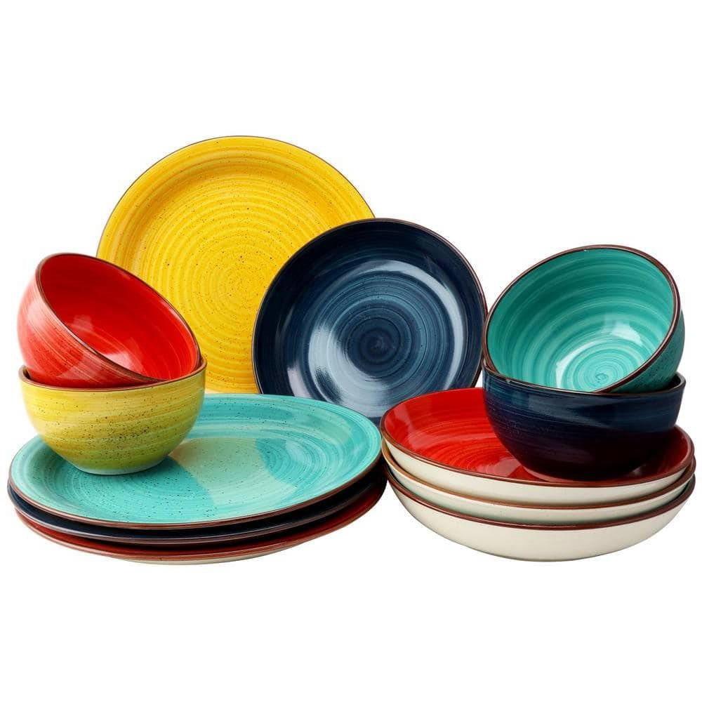 12-Piece Stoneware Dinnerware Set in Red Blue Green Yellow - Service for 4-1