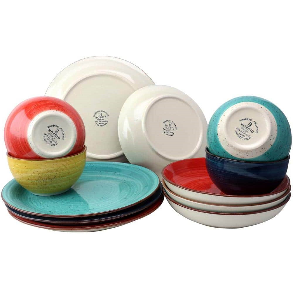 12-Piece Stoneware Dinnerware Set in Red Blue Green Yellow - Service for 4-2