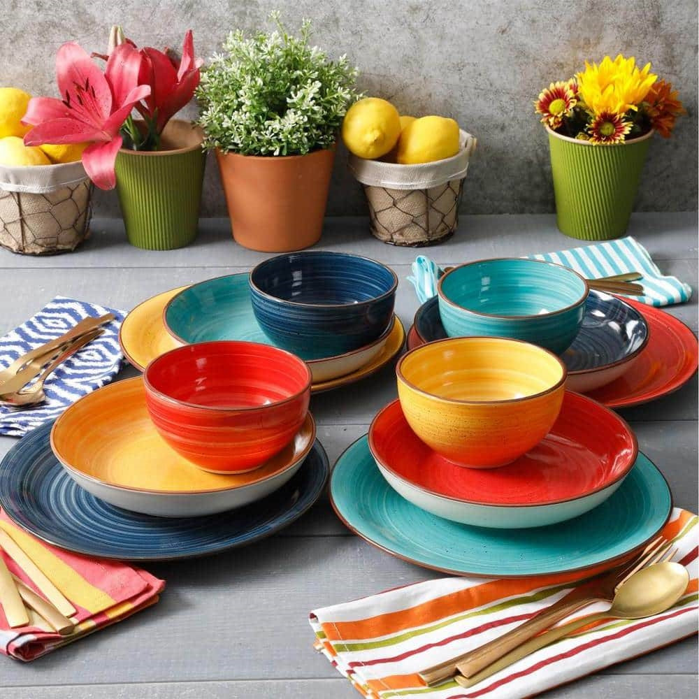 12-Piece Stoneware Dinnerware Set in Red Blue Green Yellow - Service for 4-3