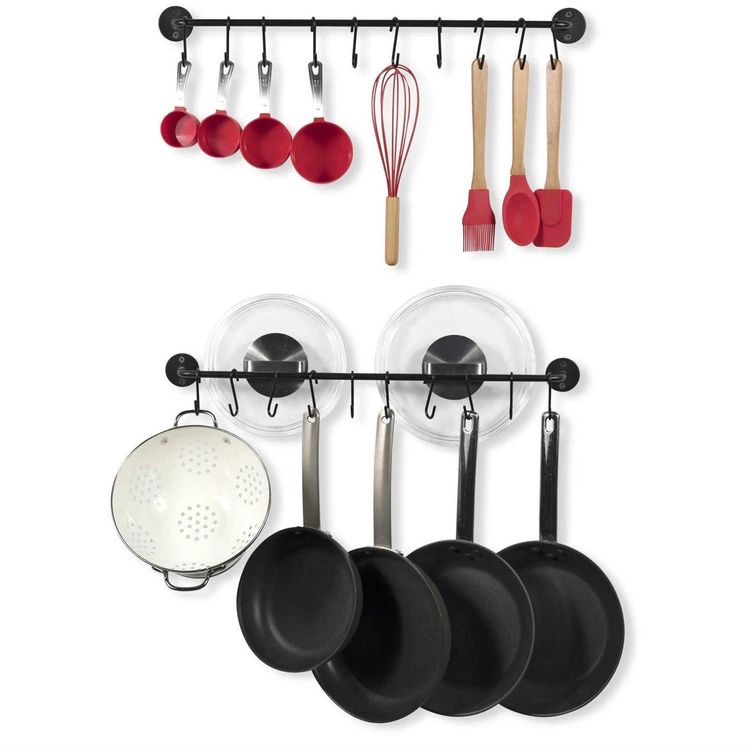 Set of 2 - Black Metal Wall Mounted Pot Rack with 20 Hanging Hooks-0