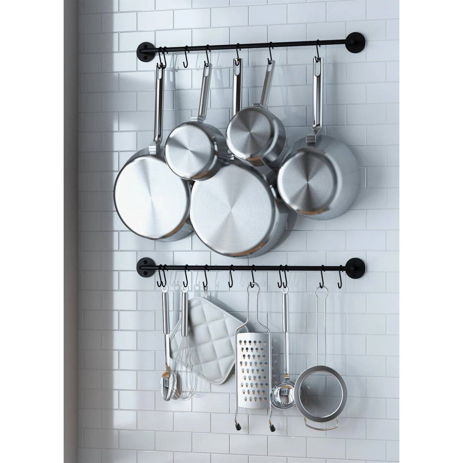 Set of 2 - Black Metal Wall Mounted Pot Rack with 20 Hanging Hooks-1