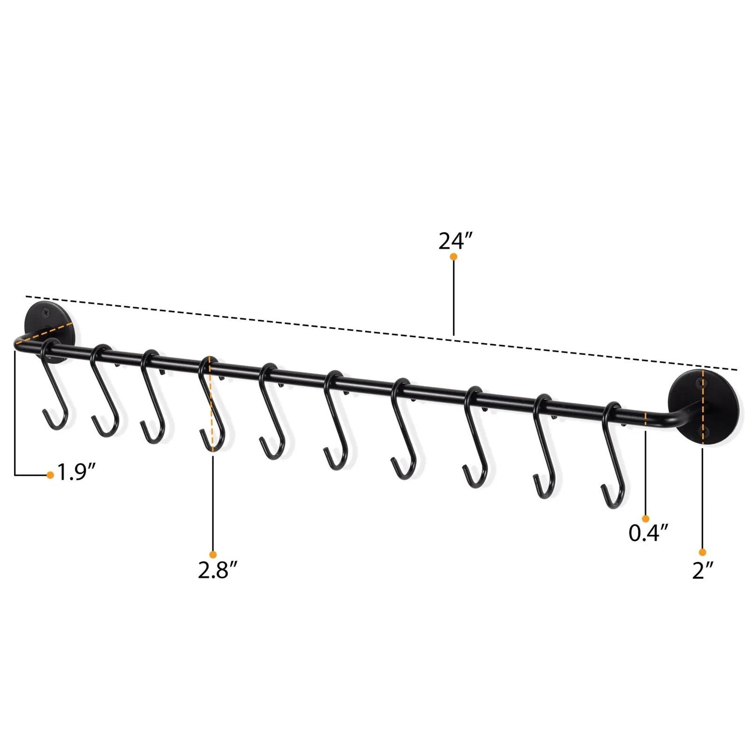 Set of 2 - Black Metal Wall Mounted Pot Rack with 20 Hanging Hooks-2