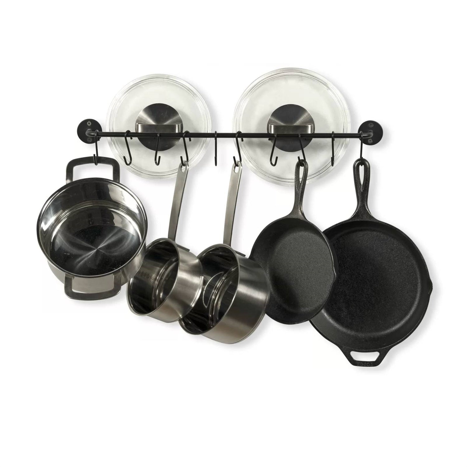 Set of 2 - Black Metal Wall Mounted Pot Rack with 20 Hanging Hooks-3