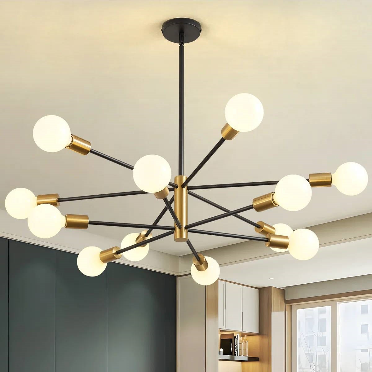 33-inch Modern 12-Light Dimmable Sputnik Chandelier in Black/Gold Finish-0