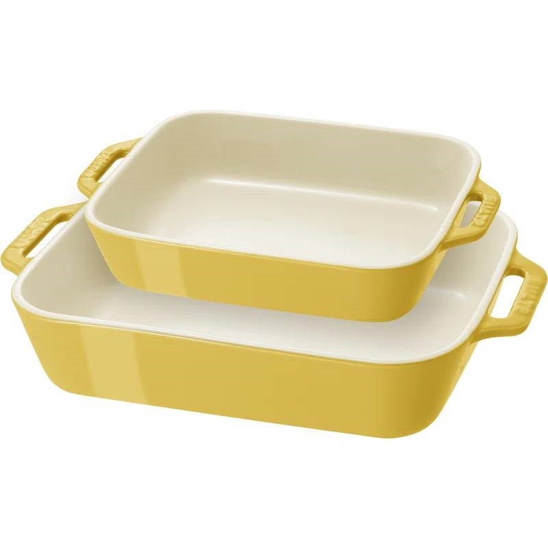 2 Piece Ceramic Stoneware Bakeware Casserole Baking Dish Set in Yellow / Ivory-0