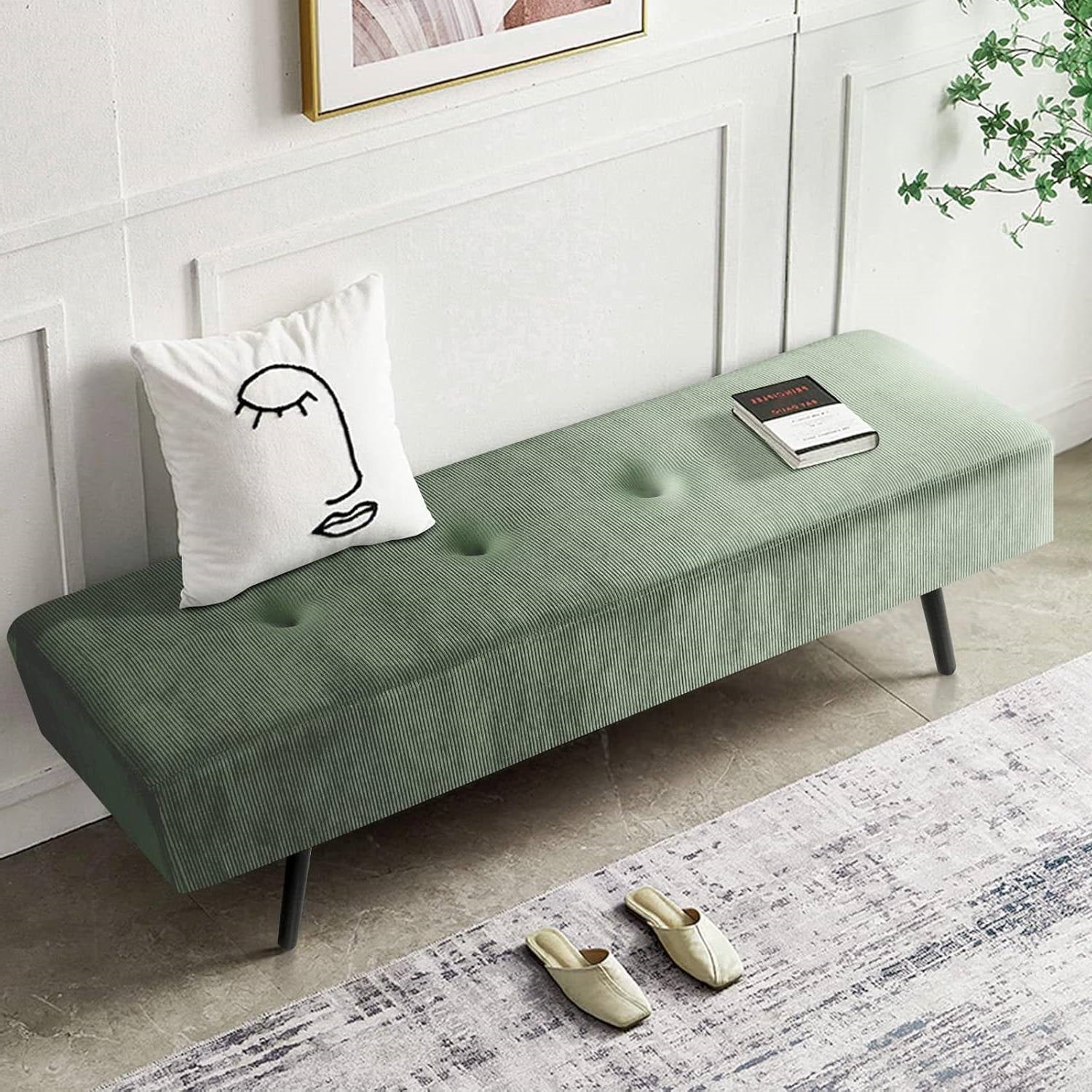 Mid-Century Green Corduroy Upholstered End of Bed Bench with Black Metal Legs-3