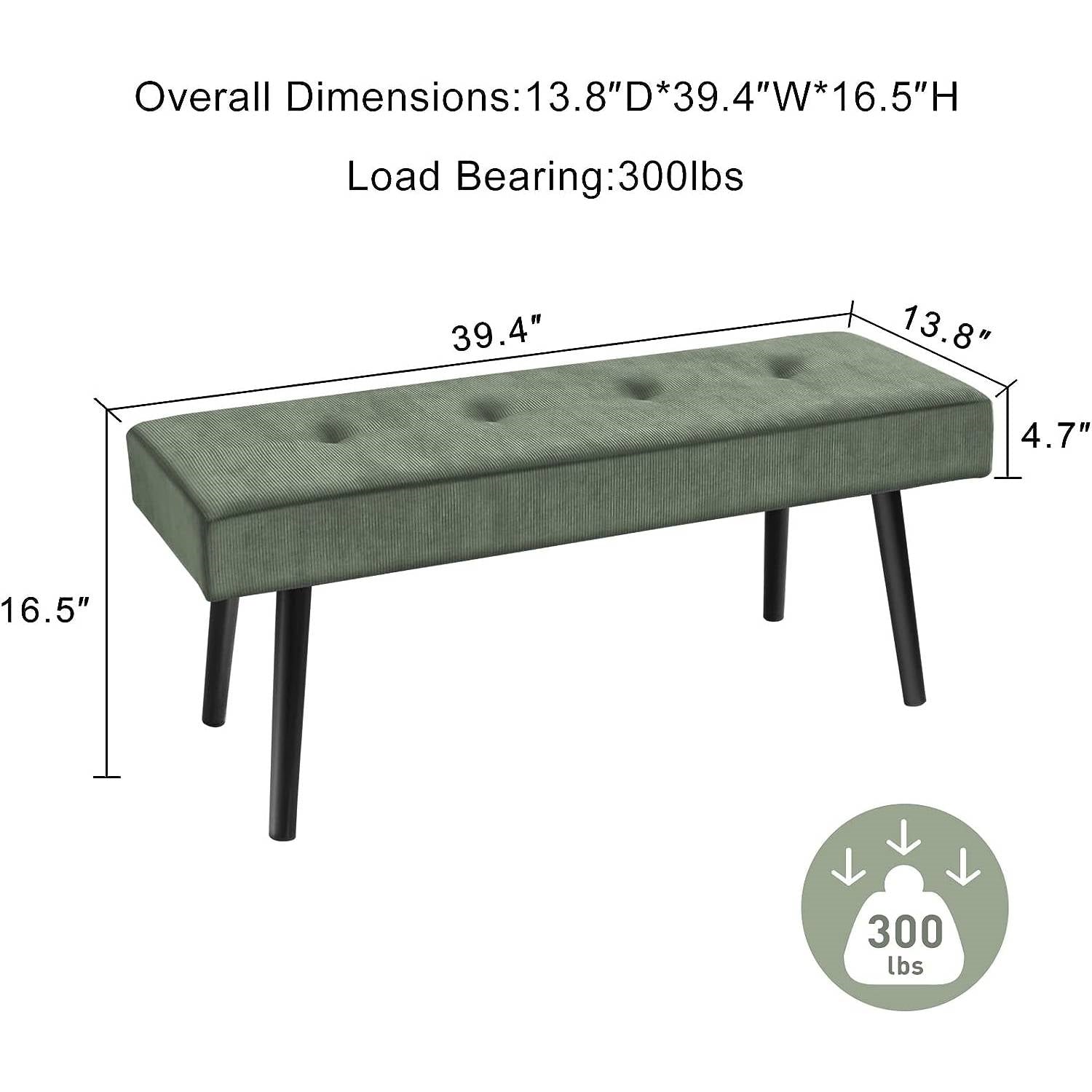 Mid-Century Green Corduroy Upholstered End of Bed Bench with Black Metal Legs-4