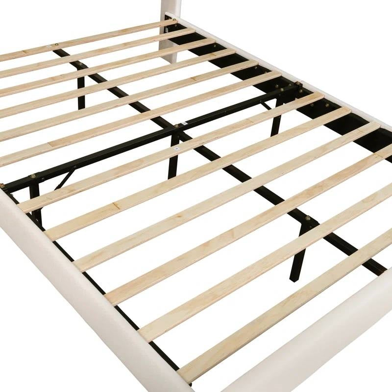 Full size Mid-Century Platform Bed Frame with Cream Velvet Upholstered Headboard-2