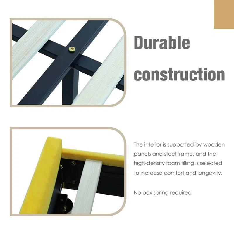 Queen Mid-Century Platform Bed Frame with Cream Velvet Upholstered Headboard-3