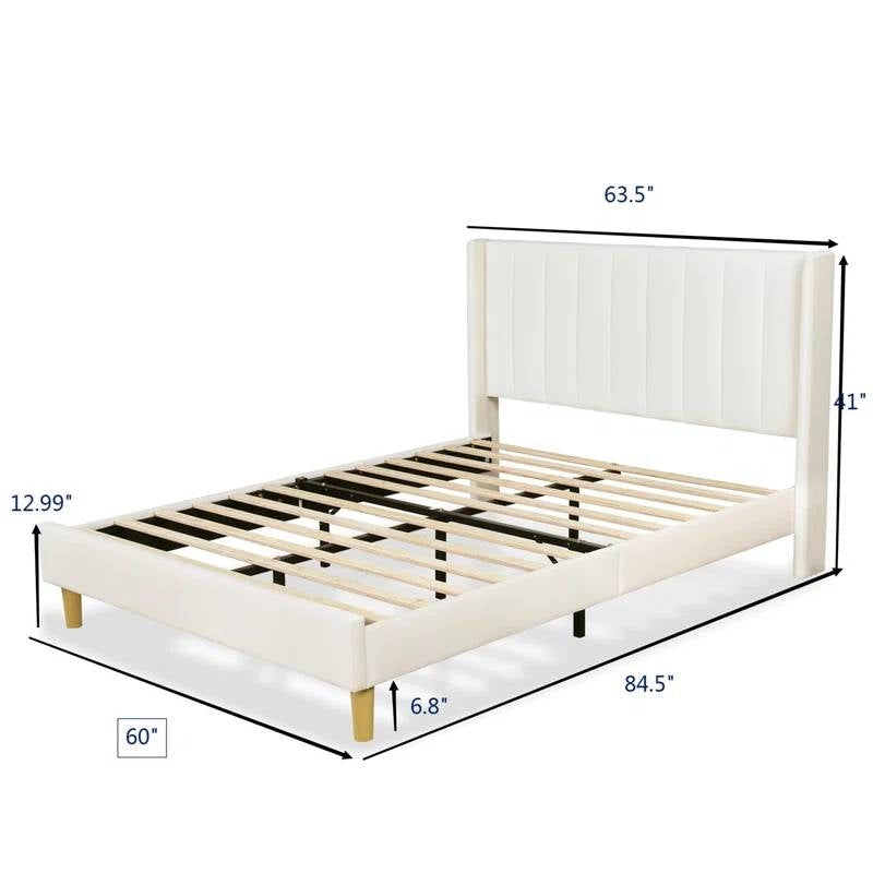 Queen Mid-Century Platform Bed Frame with Cream Velvet Upholstered Headboard-4