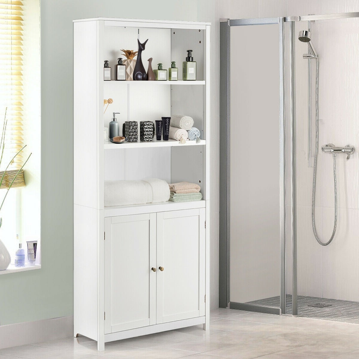 White Bathroom Linen Tower Towel Storage Cabinet with 3 Open Shelves-2