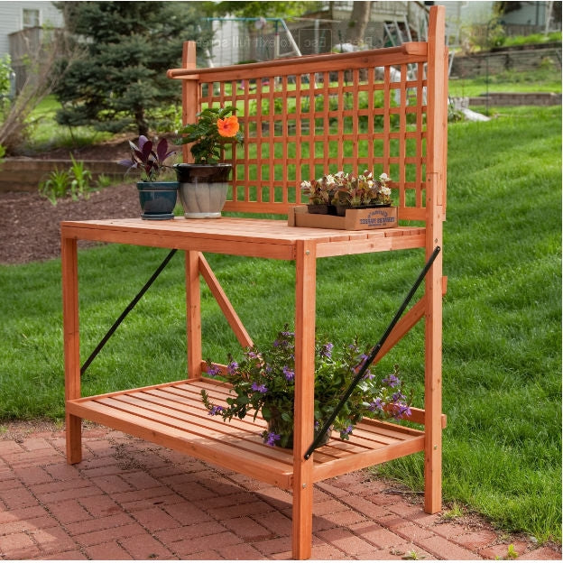 Outdoor Weather-Resistant Fir Wood Potting Bench Garden Table with Lattice Back-0