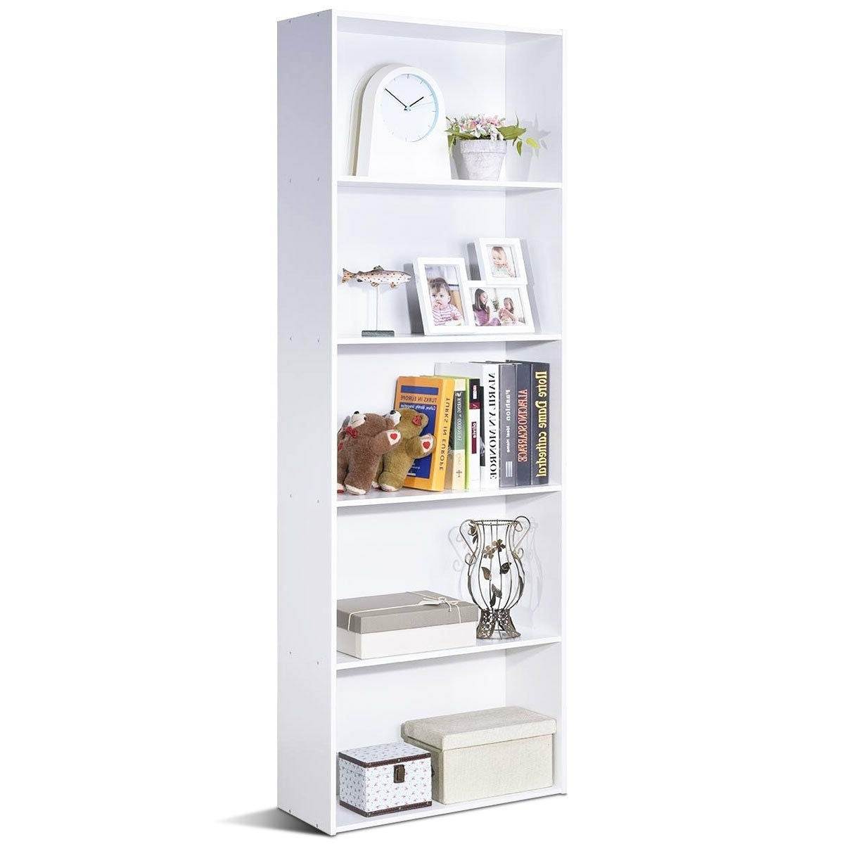 Modern 5-Tier Bookcase Storage Shelf in White Wood Finish-0