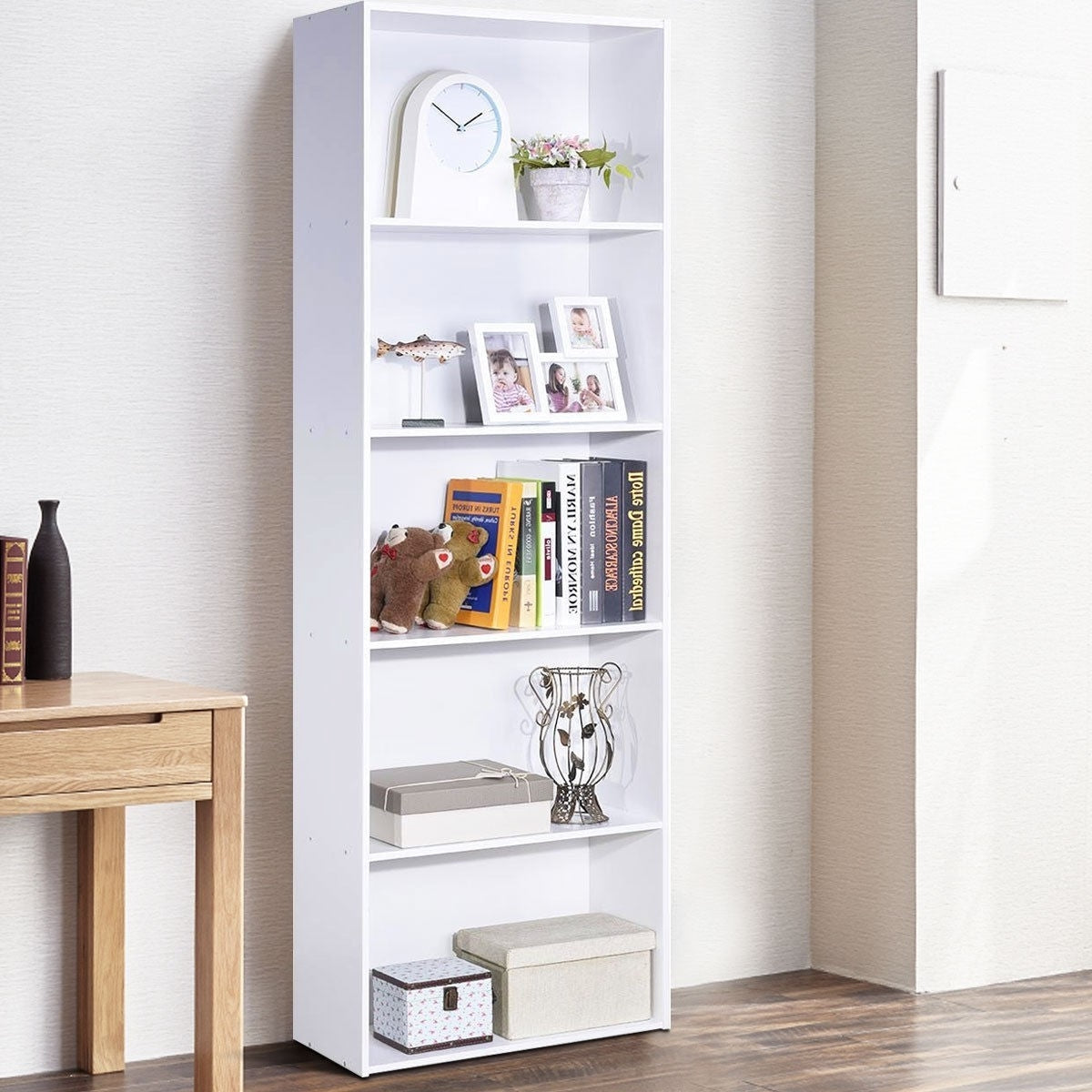 Modern 5-Tier Bookcase Storage Shelf in White Wood Finish-2