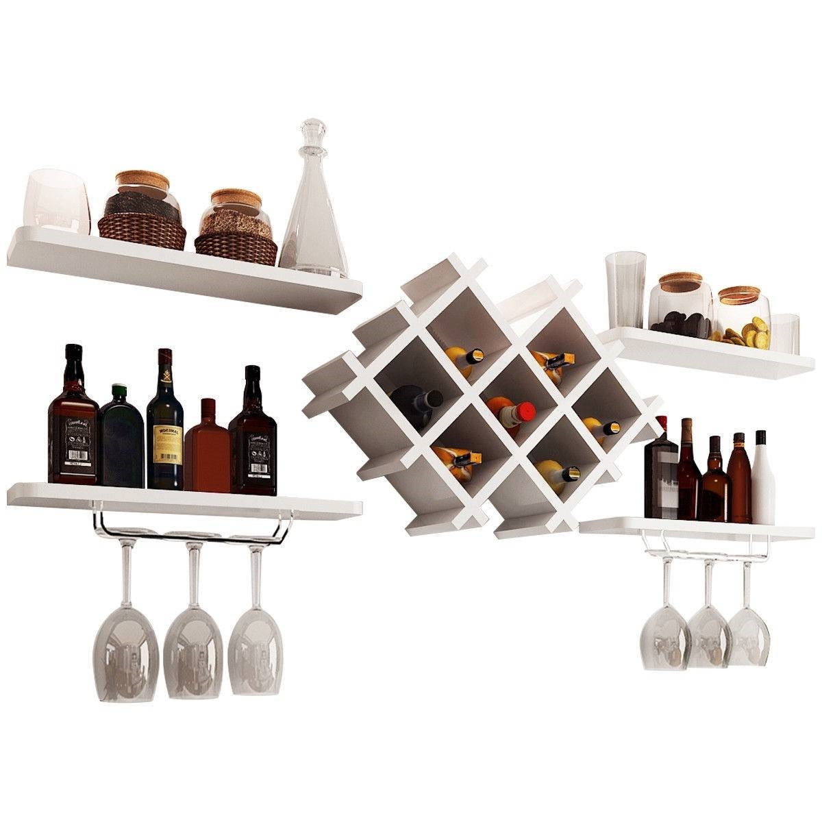 White 5-Piece Wall Mounted Wine Rack Set with Storage Shelves-0