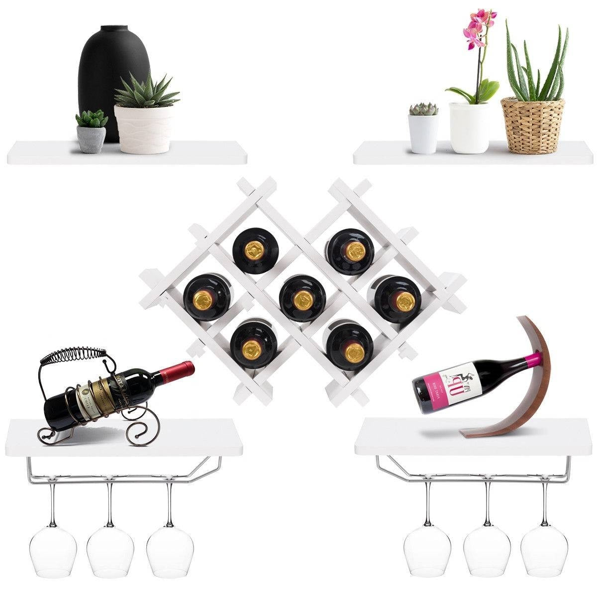 White 5-Piece Wall Mounted Wine Rack Set with Storage Shelves-1