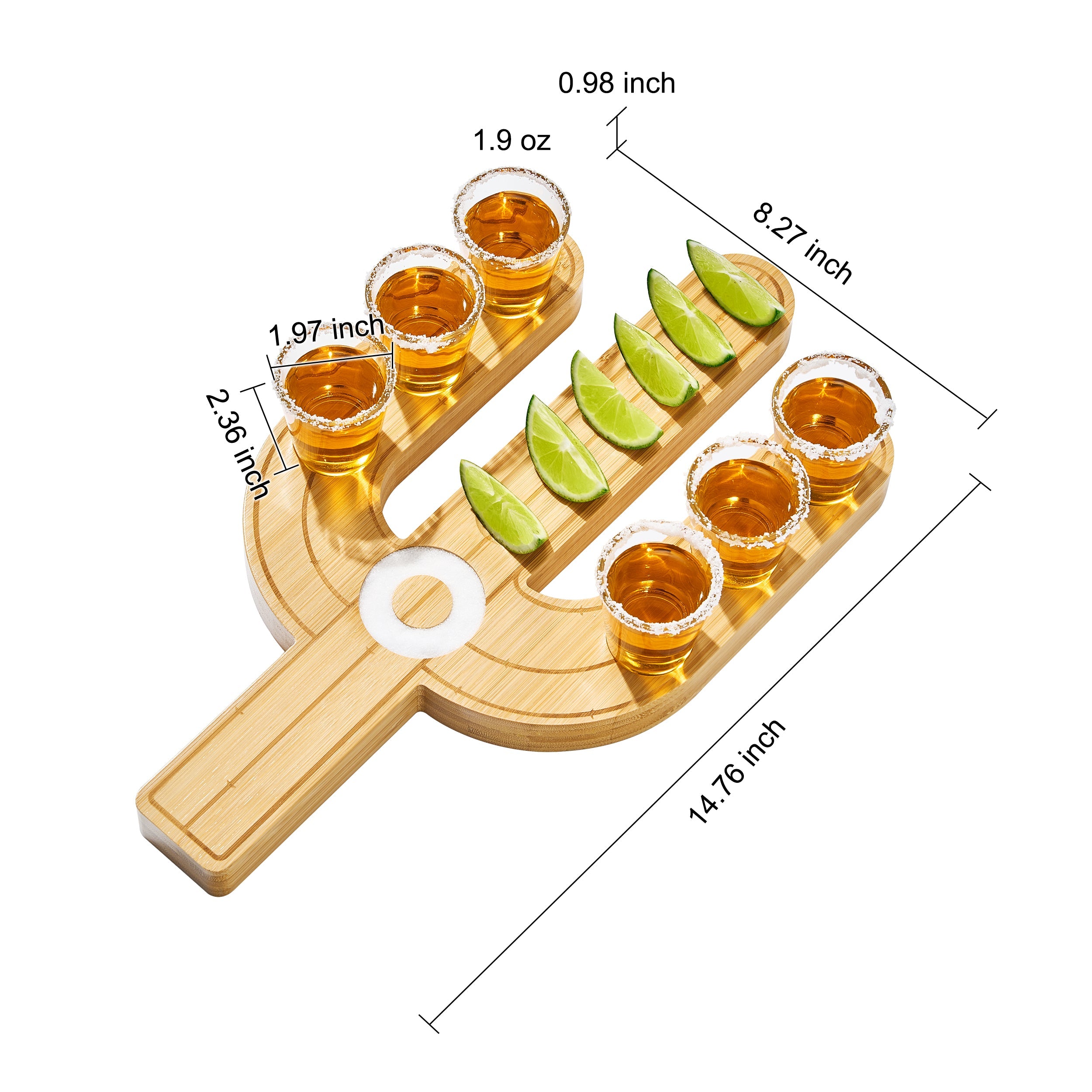 Cactus Tequila Tray & Shot Glasses Set - Tequila Gifts & Mexican Gifts - Bamboo Shot Glass Holder Serving Tray - Flight Board with Lemon Bowl, Salt Rimmer & Shot Glass Set - Party Shot Board, Gift-2