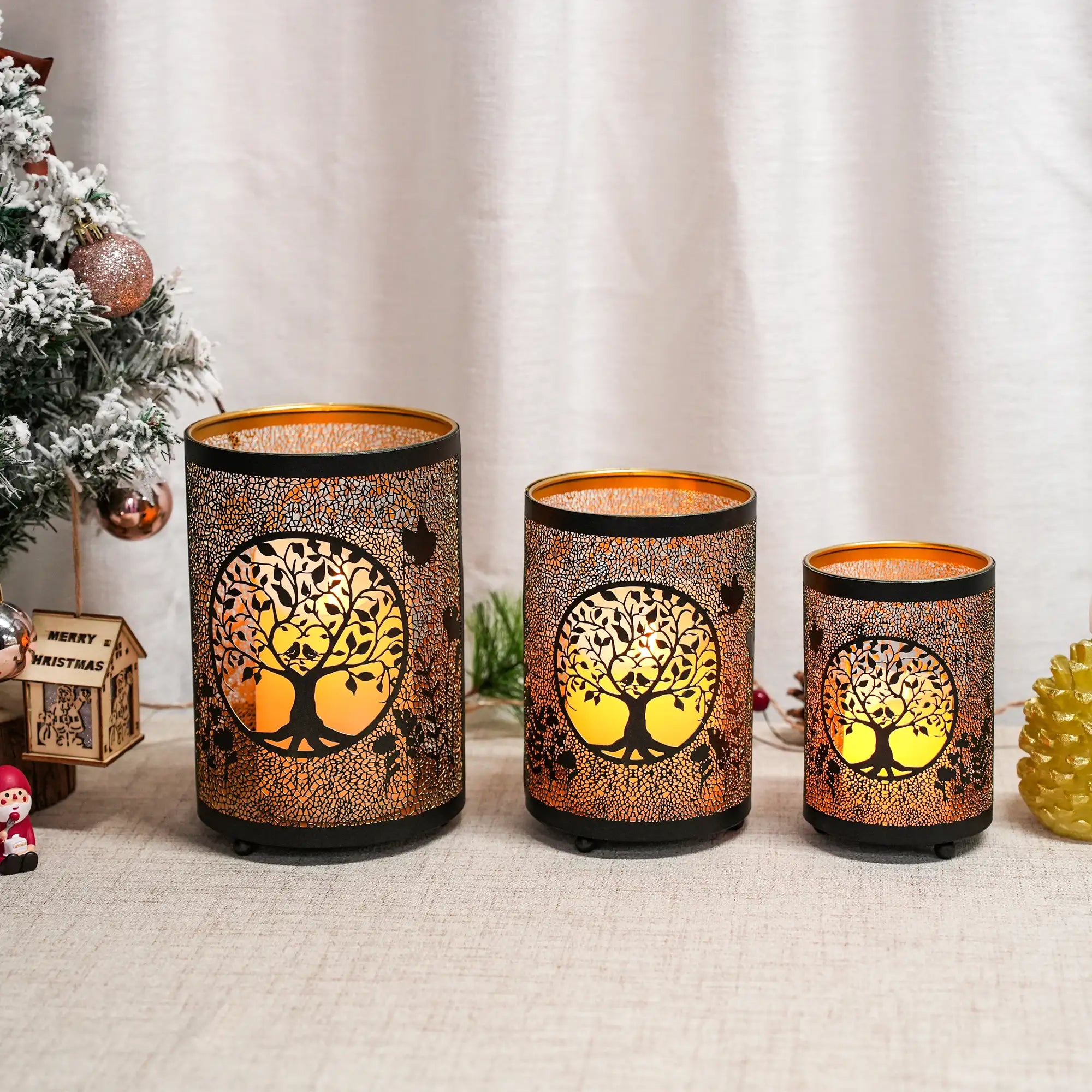 7" H Etched Metal Candle Holder Christmas Decorations Lantern-2