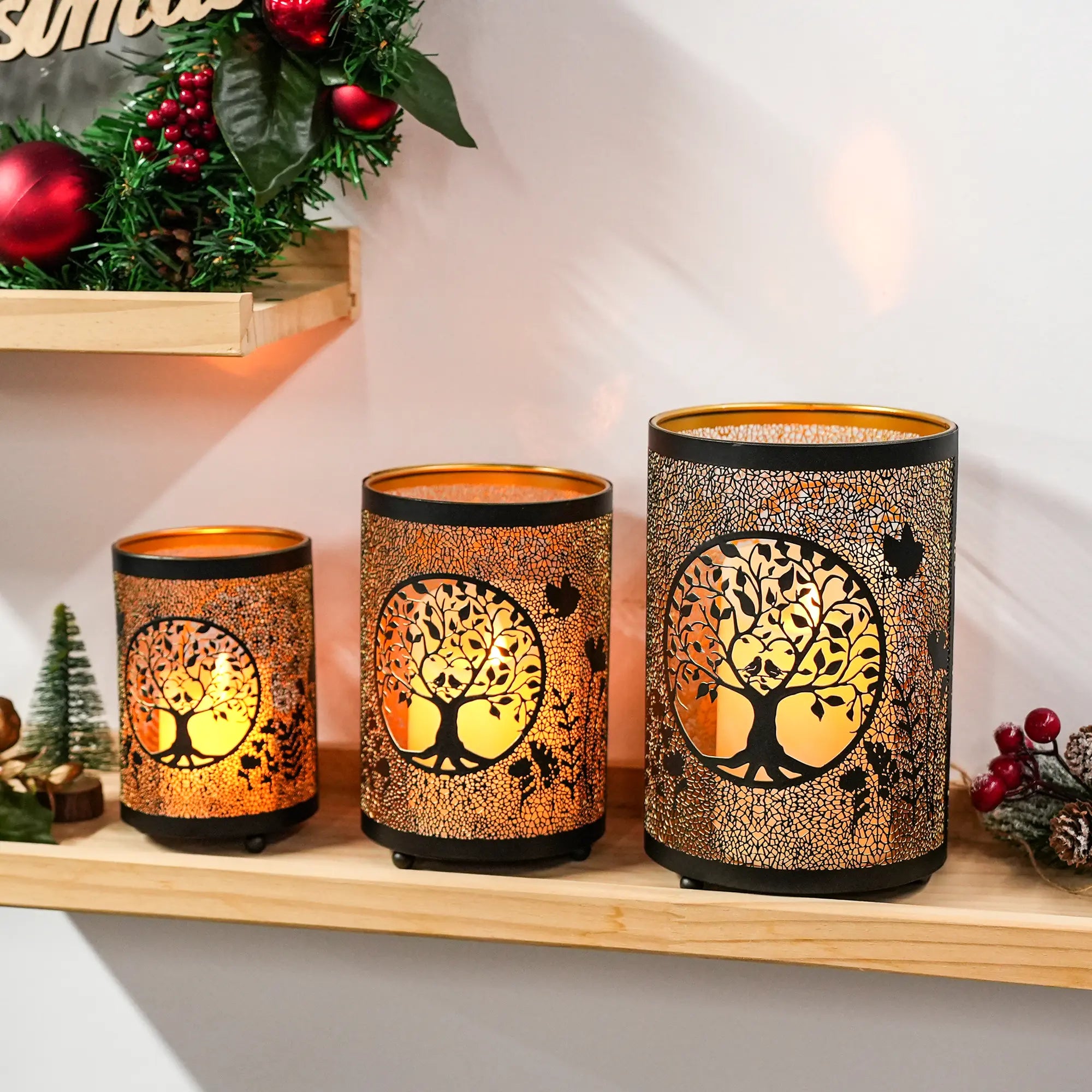 7" H Etched Metal Candle Holder Christmas Decorations Lantern-3