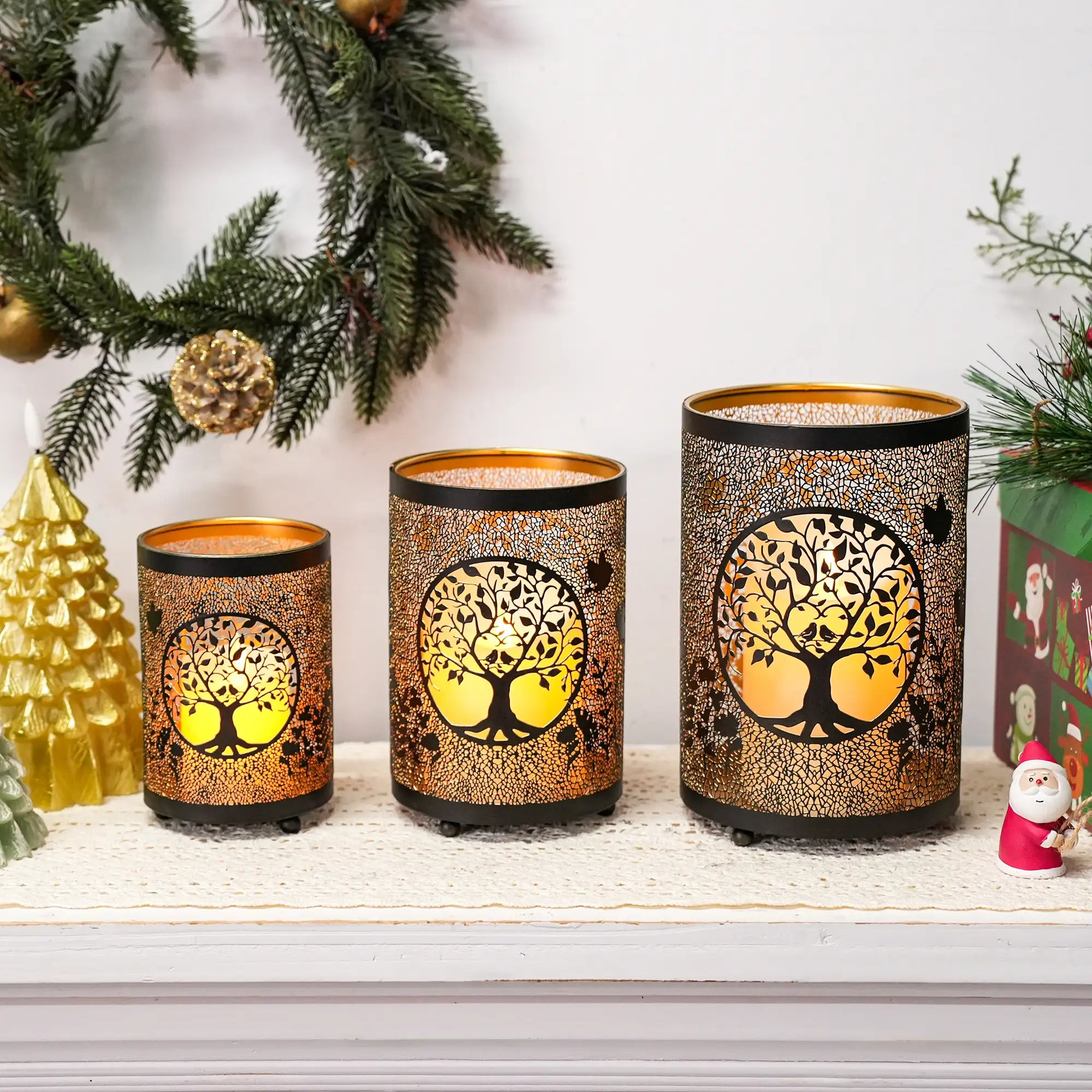 7" H Etched Metal Candle Holder Christmas Decorations Lantern-4