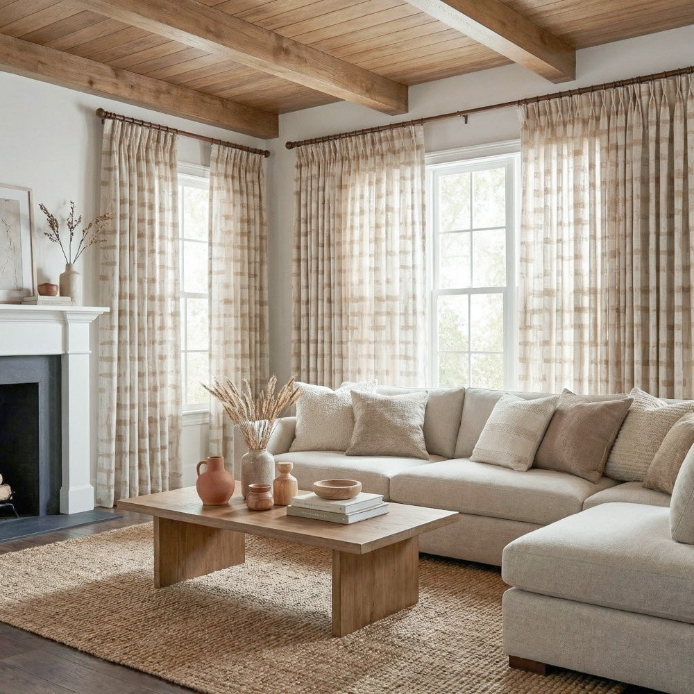 Chanda Beige Abstract Plaid Linen Sheer Curtains