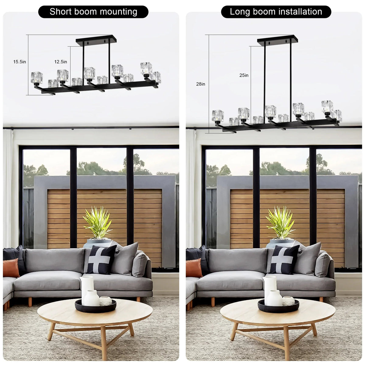 10-Light Black Linear Crystal Chandelier | Farmhouse Modern Pendant Light for Dining Room, Kitchen Island & Living Room — 35.67" Wide