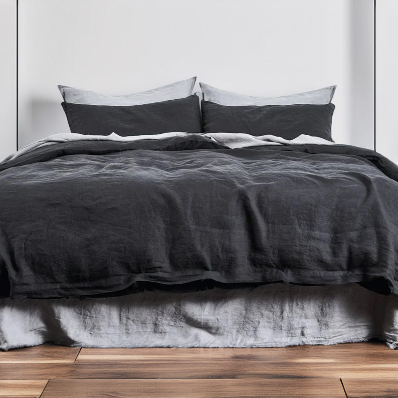 Charcoal Black - 100% Pure Linen | Linen Cotton Mix | 3 Piece Duvet Cover Set | 4 Piece Sheet Set | Handmade | Pre-washed | Soft-2